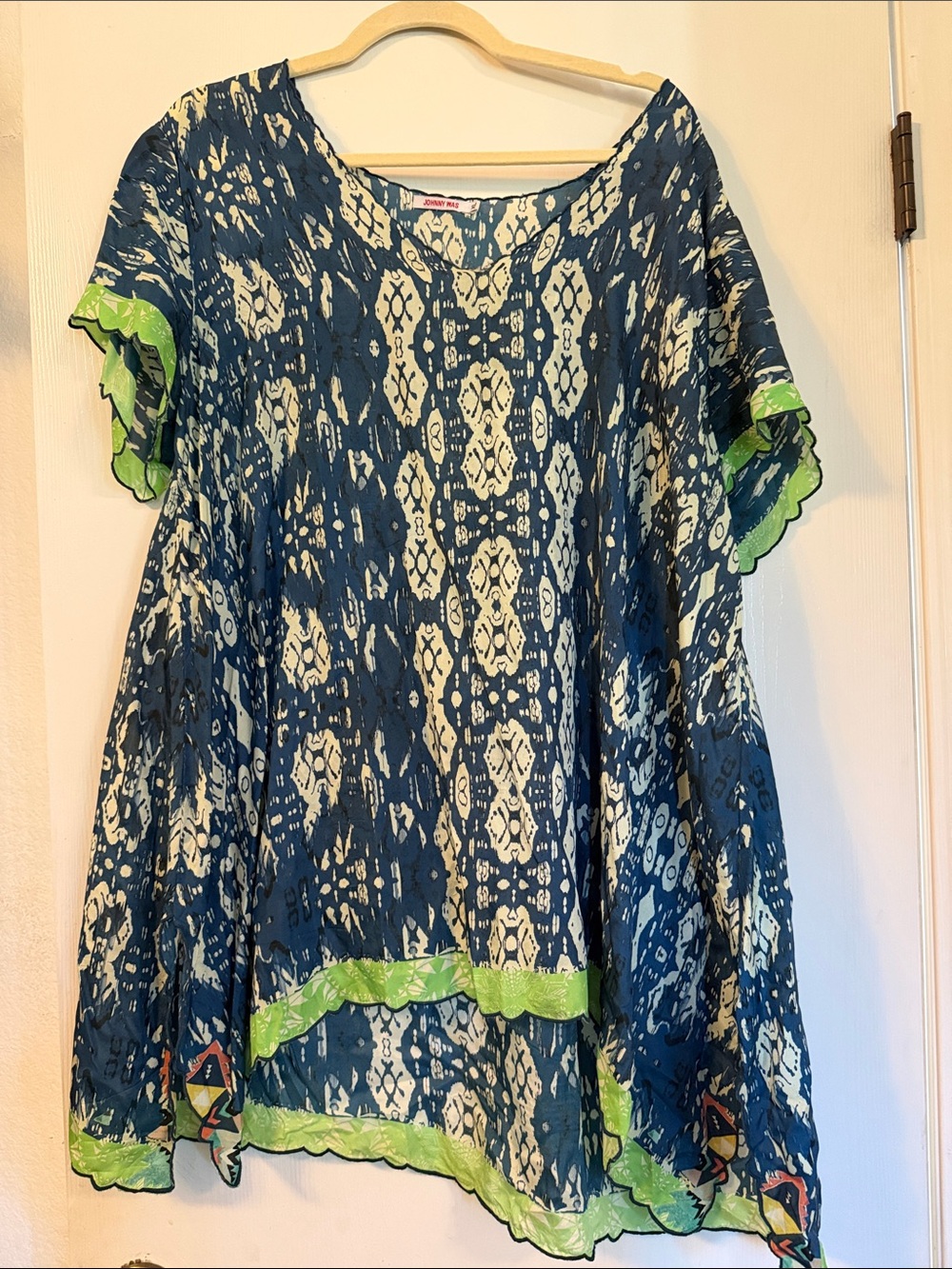 Johnny Was Blue Cream Ikat Tunic with Lime Trim